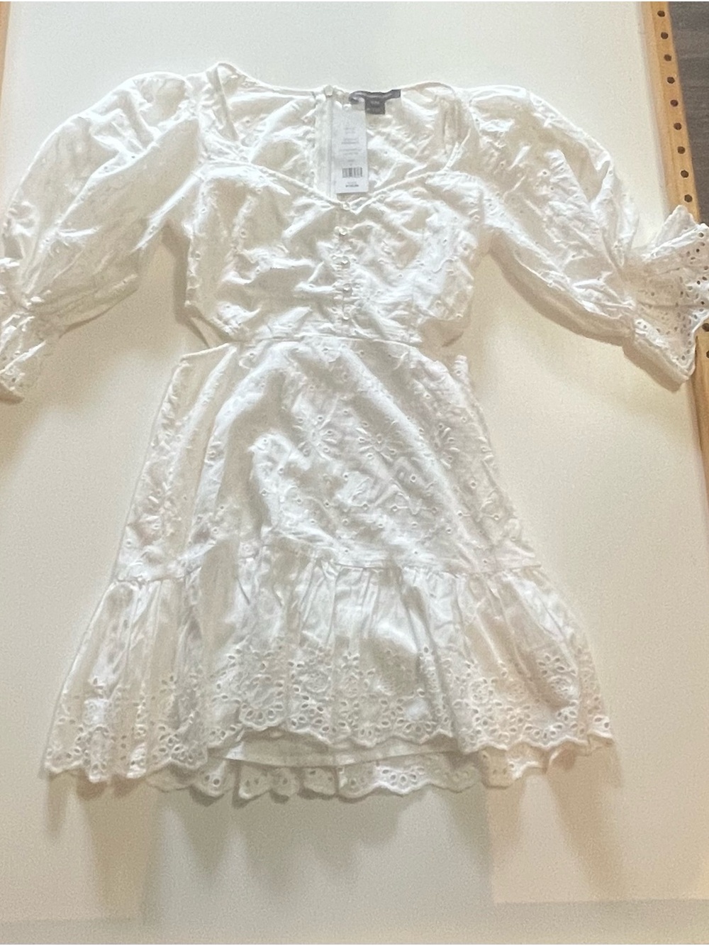 French Connection White Eyelet Midi Dress with Puff Sleeves and Tiered Hem